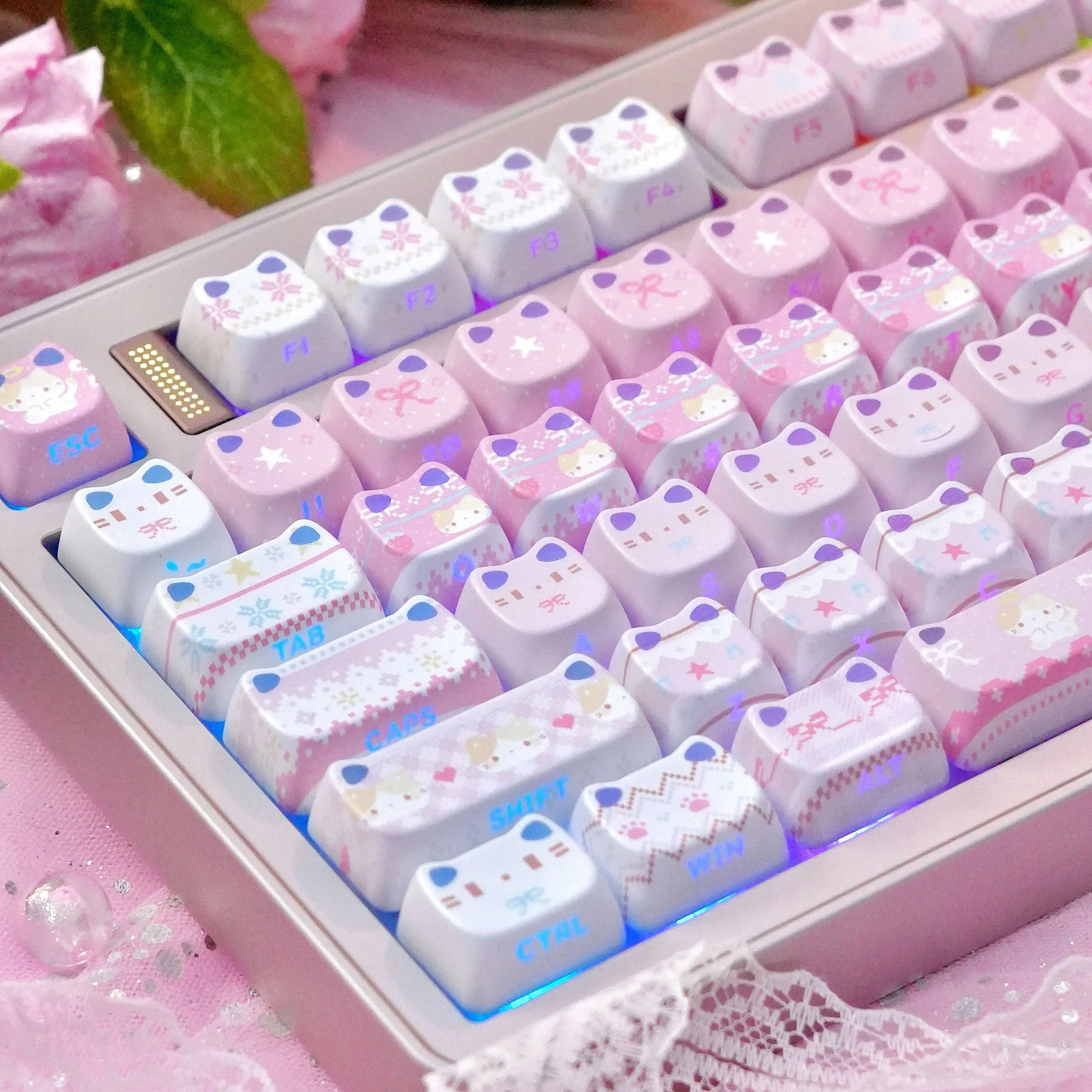 MAIMOOO 130 Key Cute Transparent Cat's Ears Keys Cap Cute Keycaps PBT MAO Profile ANSI Mechanical Keyboard Made68 Mad68