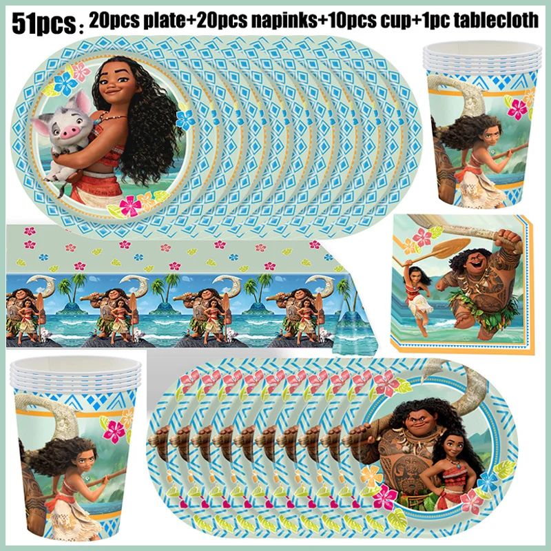 Disney Moana Theme Birthday Balloons Moana Happy Birthday Party Girl Paper Tableware Decorations Kits Supplies Deco Set For Kids