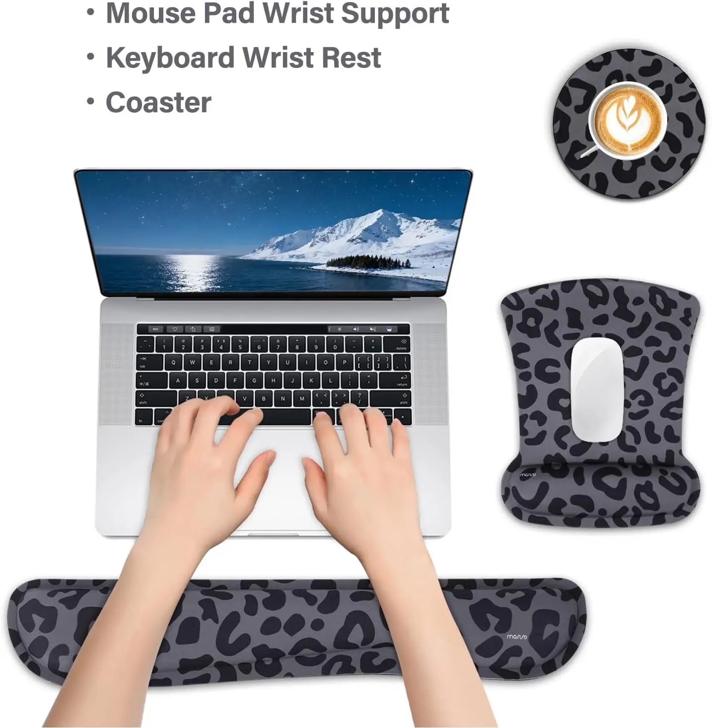 Wrist Rest Support for Mouse Pad&Keyboard Set Leopard Grain Ergonomic Mousepad Coaster Non-Slip Base Home Office Pain Relief