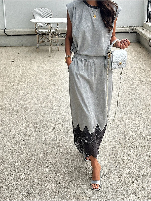 

Lace Hollow out Vest And Skirt Set Women's Summer Ele Loose Splice f Skirt Two Piece Set Faionable Casual Outfit