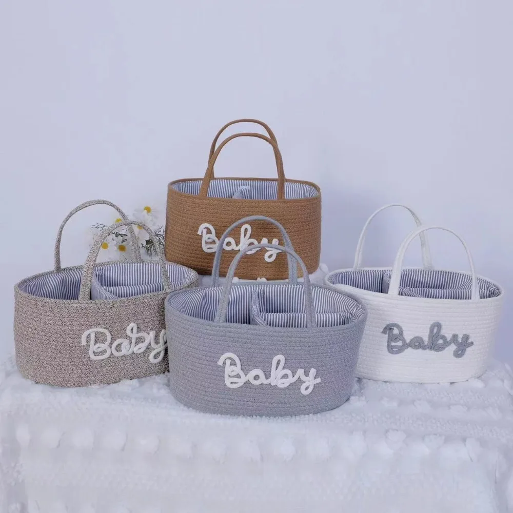 Durable Large Capacity Baby Nappy Organiser Portable Cotton Rope Diaper Storage Bag Detachable Woven Storage Basket for Newborn