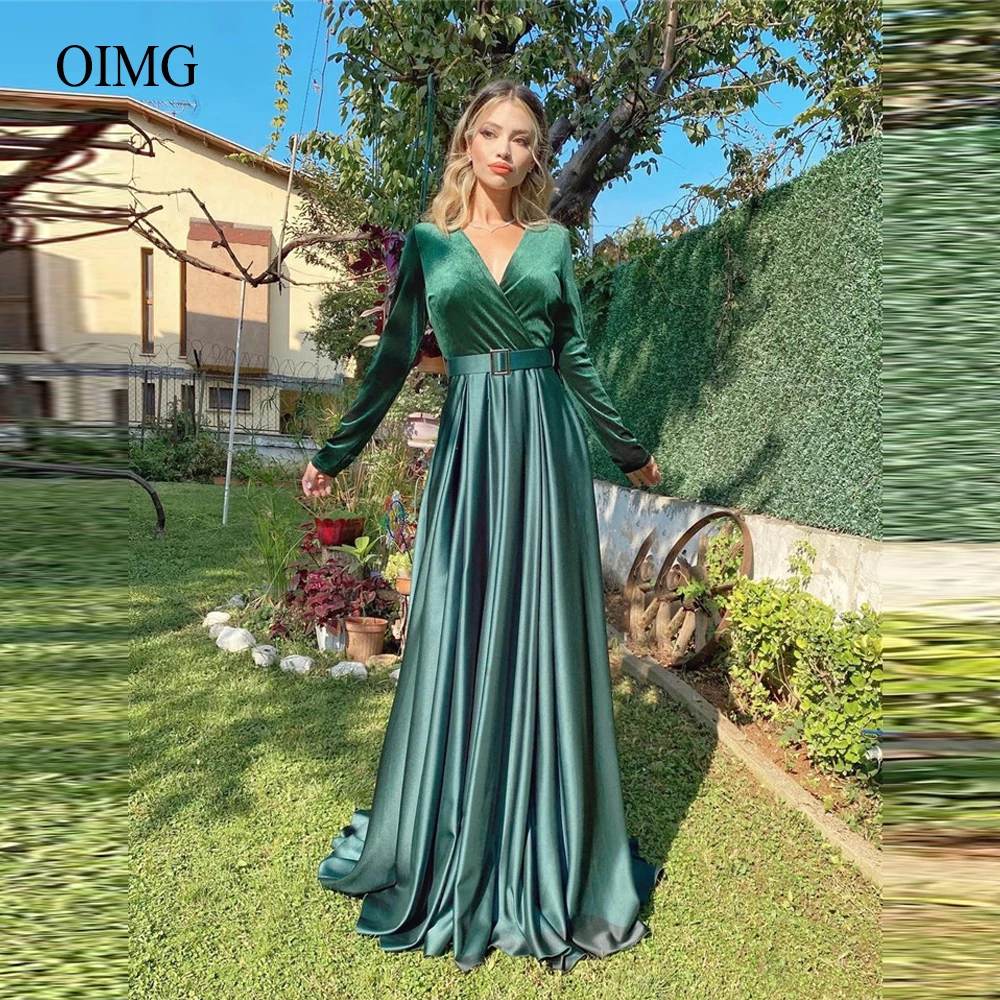 Modest Velvet Evening Dresses Long Sleeves V Neck Belt Satin Skirt Floor Length Arabic Women Formal Prom Gowns Plus Size