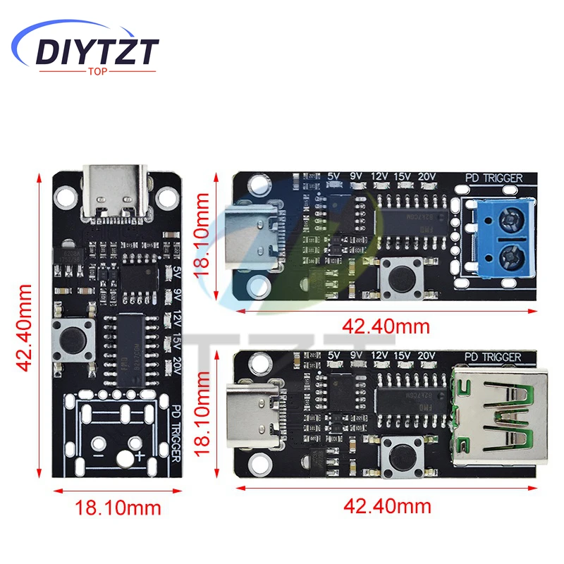 DIYTZT 100W 5A USB-C Modulo scheda trigger di ricarica rapida PD/QC Scheda esca Carica rapida USB Type-c PD 2.0 3.0 Modulo di alimentazione boost