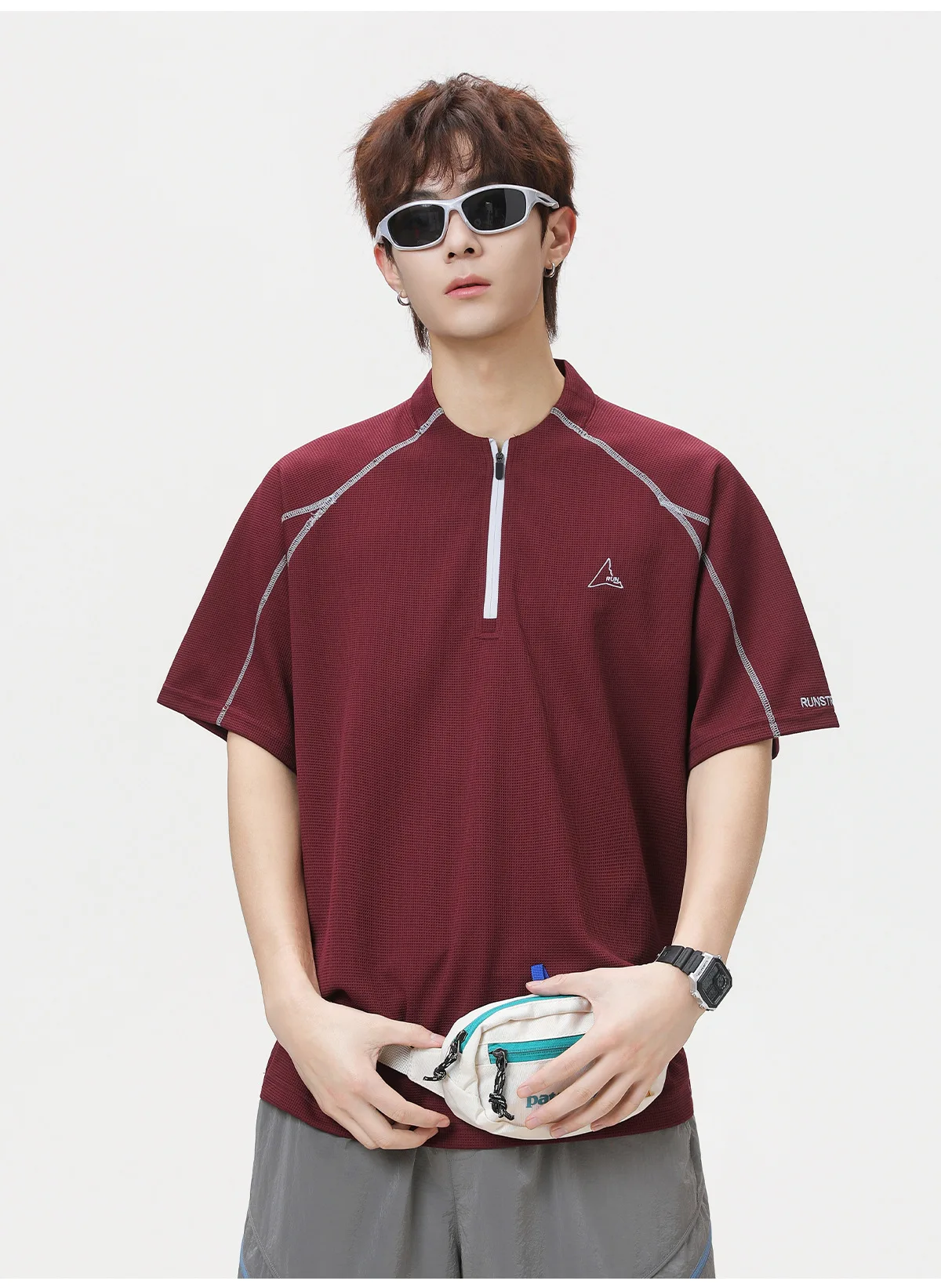 Cool-Feel Breathable Short-Sleeve T-Shirt Men Women Contrast Panel Design with Zipper Detail Outdoor Quick-Dry Sports T-Shirt