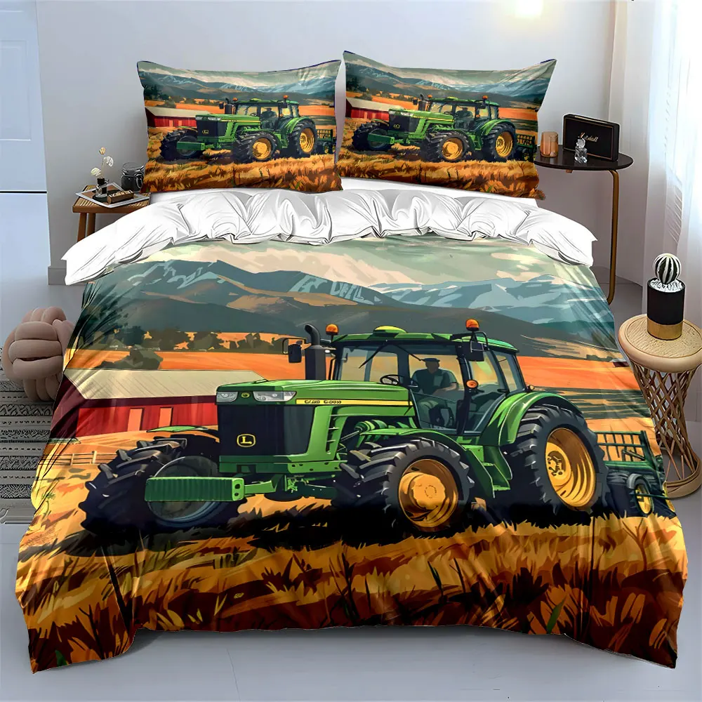 3Pcs Farm Life Tractor Bedding Set, Green Tractor with Mountains in the Background Print Duvet Cover, Rural Style