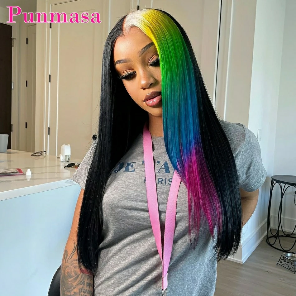 

Omber Yellwo Green 13x4 Lace Frontal Human Hair Wig Straight 13x6 Lace Front Wigs Human Hair Blue Pink Colored 200% Pre Plucked