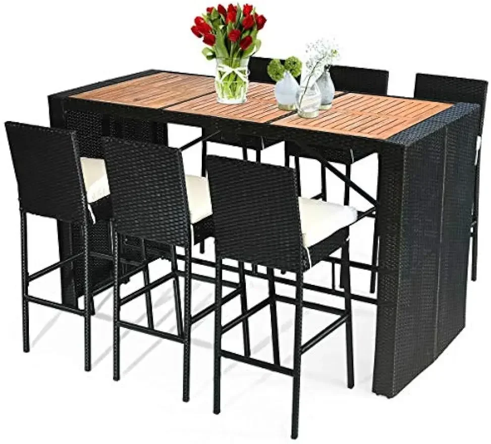 7 PCS Outdoor Wicker Furniture with Acacia Wood Bar Table Top and Removable Cushion,Conversation Set for Dining, Patios, (Black)