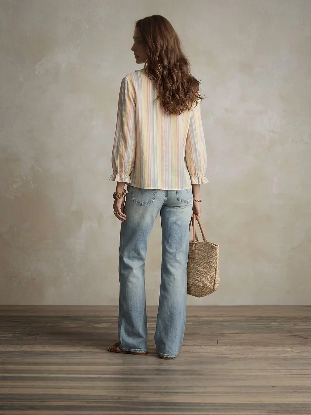 Women's Autumn Woven Striped Printed Long Sleeve V-Neck Ruffle Loose Long Sleeve Top Shirt