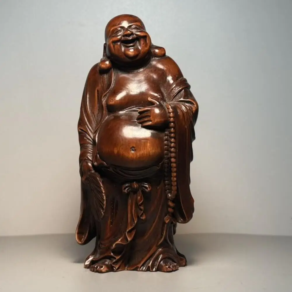 Hand Carved Boxwood Laughing Buddha Figurine Statue Vintage Wooden Maitreya Sculpture Oriental Desktop Decor Craft Gift