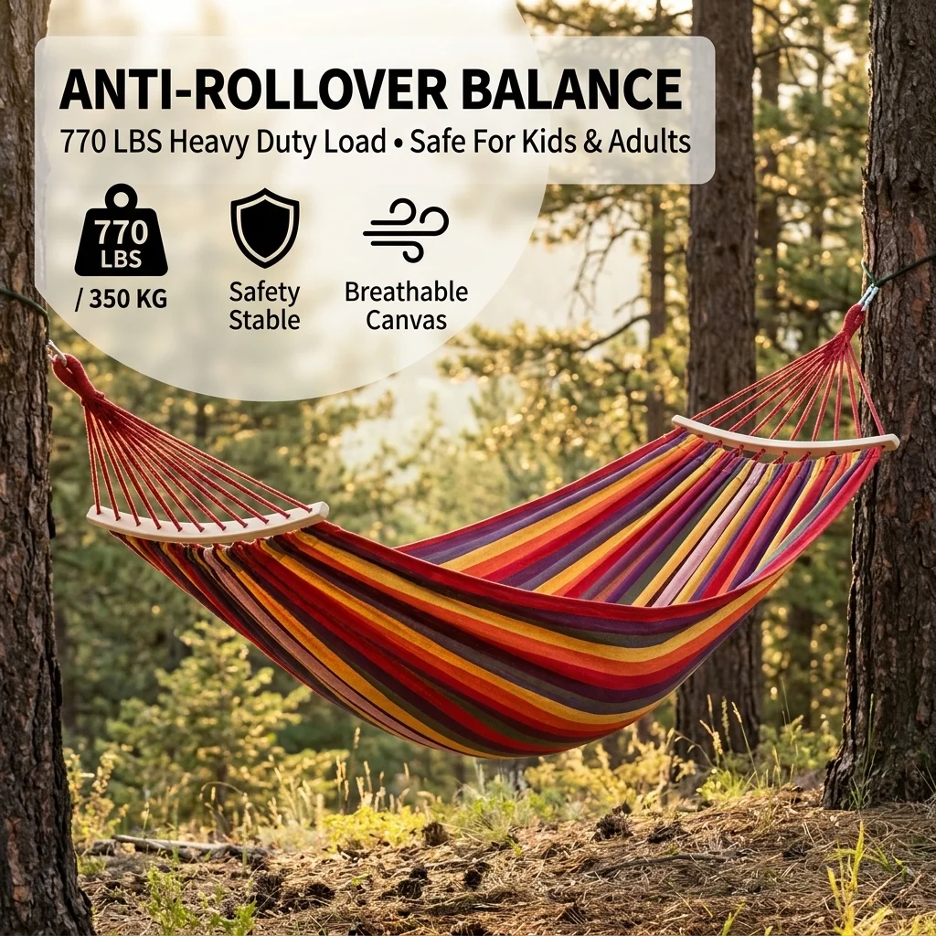 Durable Canvas Hammock 1-2 Person Outdoor Camping Hanging Bed with Metal Rings Ropes Carry Bag for Garden Courtyard Beach Tour