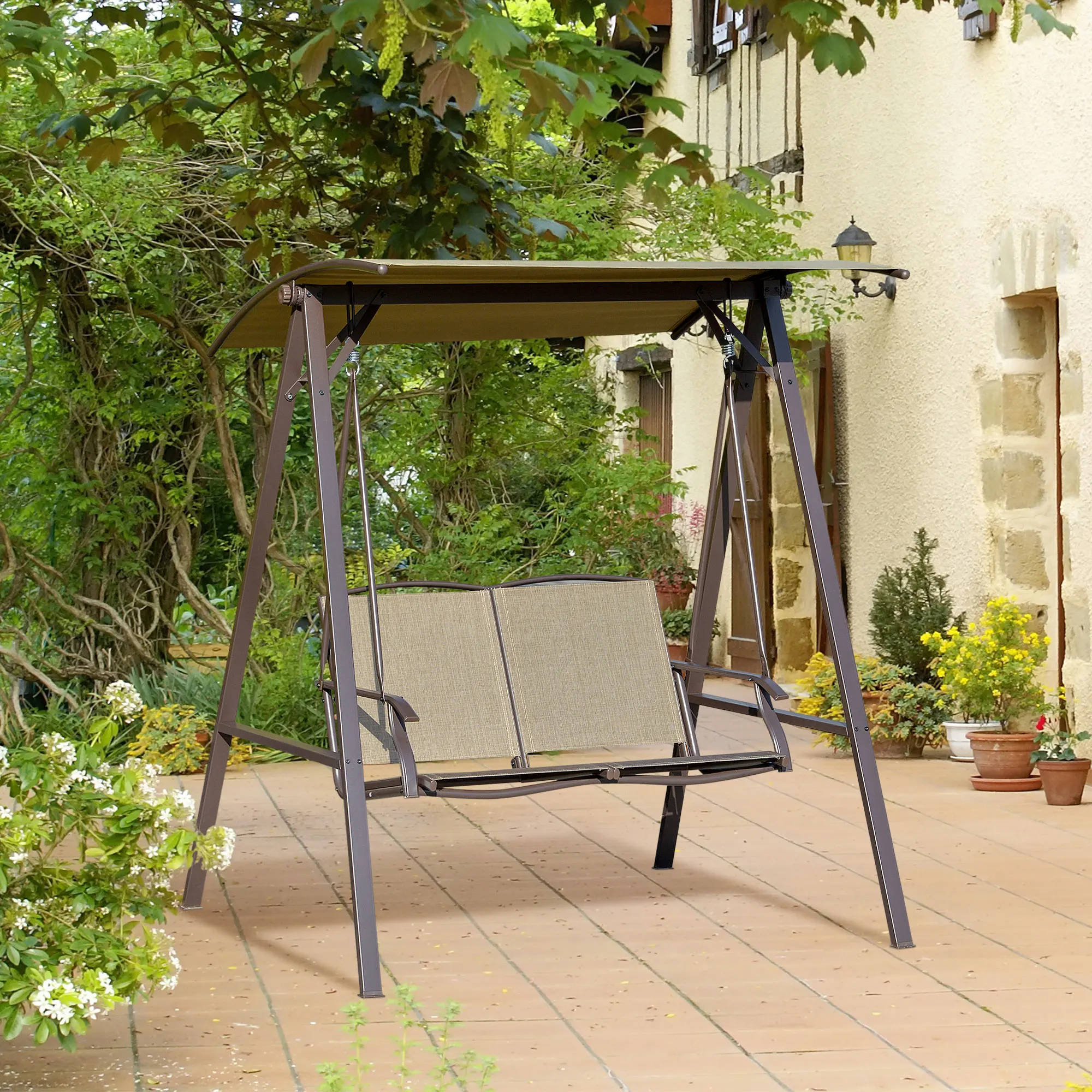 

Outsunny 2 Seater Garden Swing Seat Swing Chair, Outdoor Canopy Swing Bench with Adjustable Shade, Metal Frame Texteline Seat