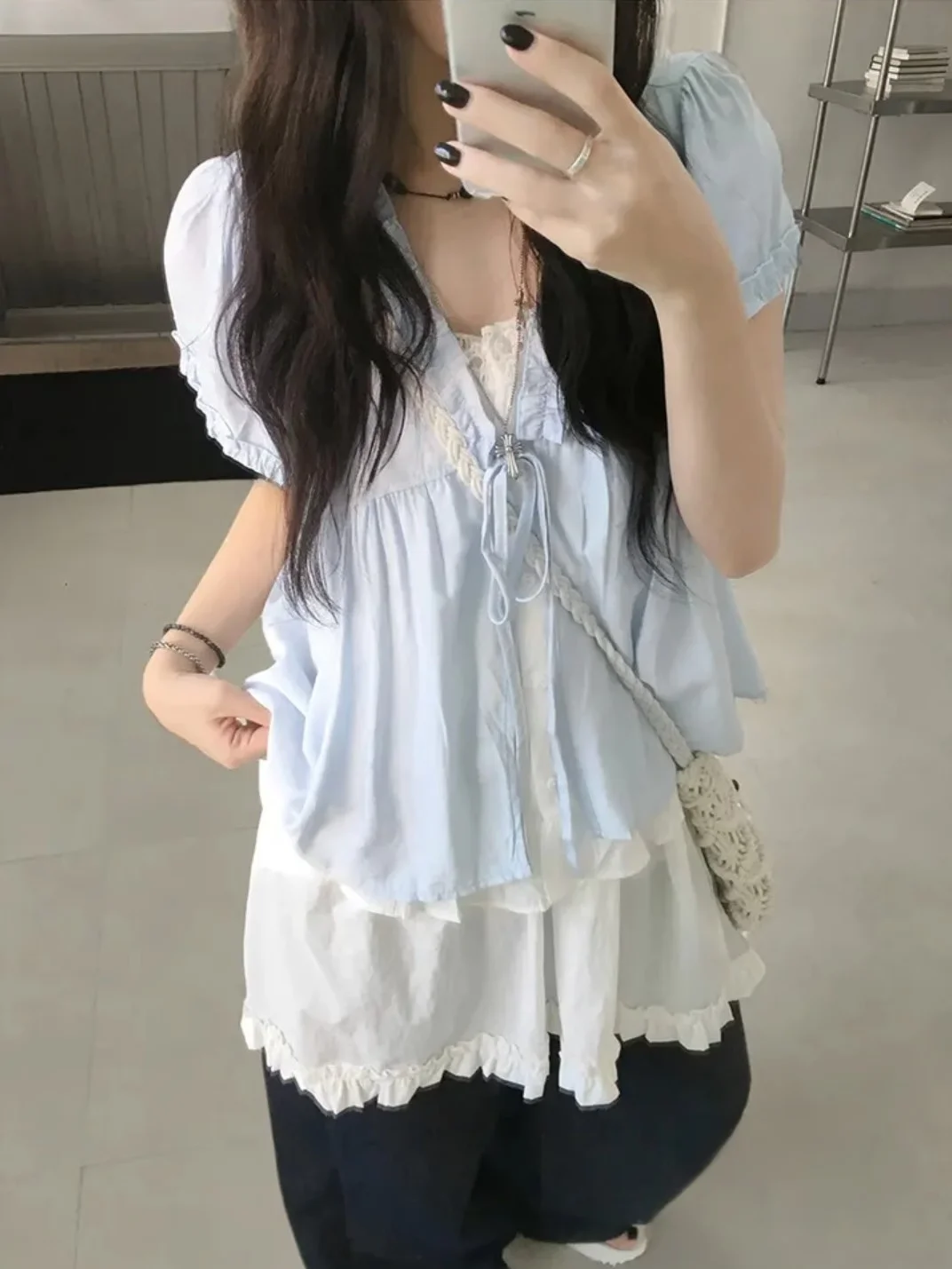 

Sweet Summer Korean Sle Bubble Sve irt со складками Loose Fit ort Sve V-Ne T Топ для женщин