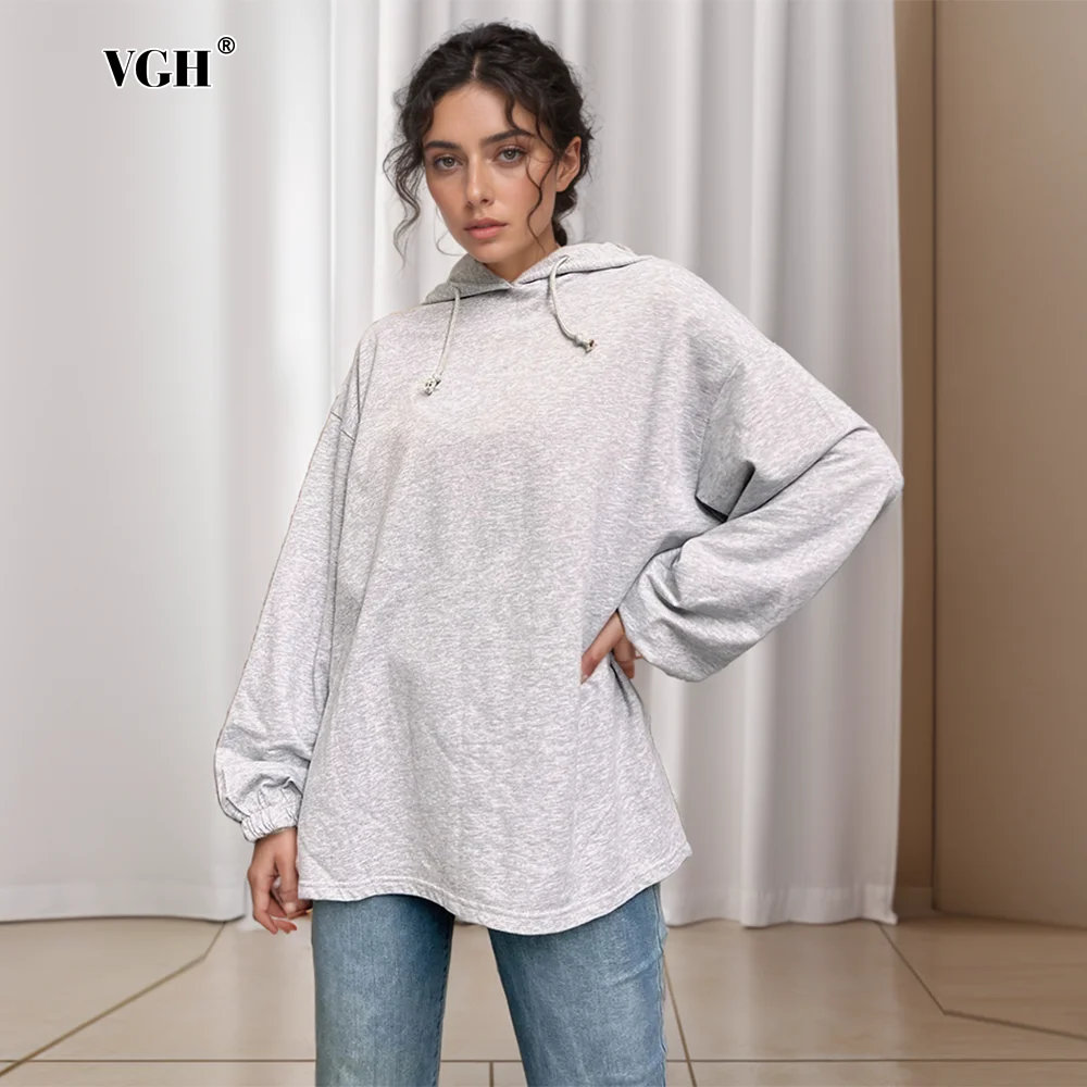 

VGH casual soild sweatshirts for women hooded long sleeve spliced drawstring minimalist loose sweatshirt female fashion clothing
