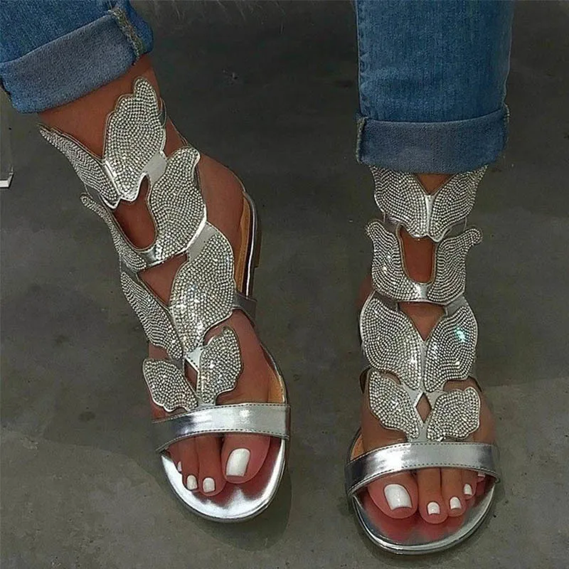 

женские римские сандалии с бриллиантами, туфли на плоской подошве с бабочкой и выдолбленной бабочкой