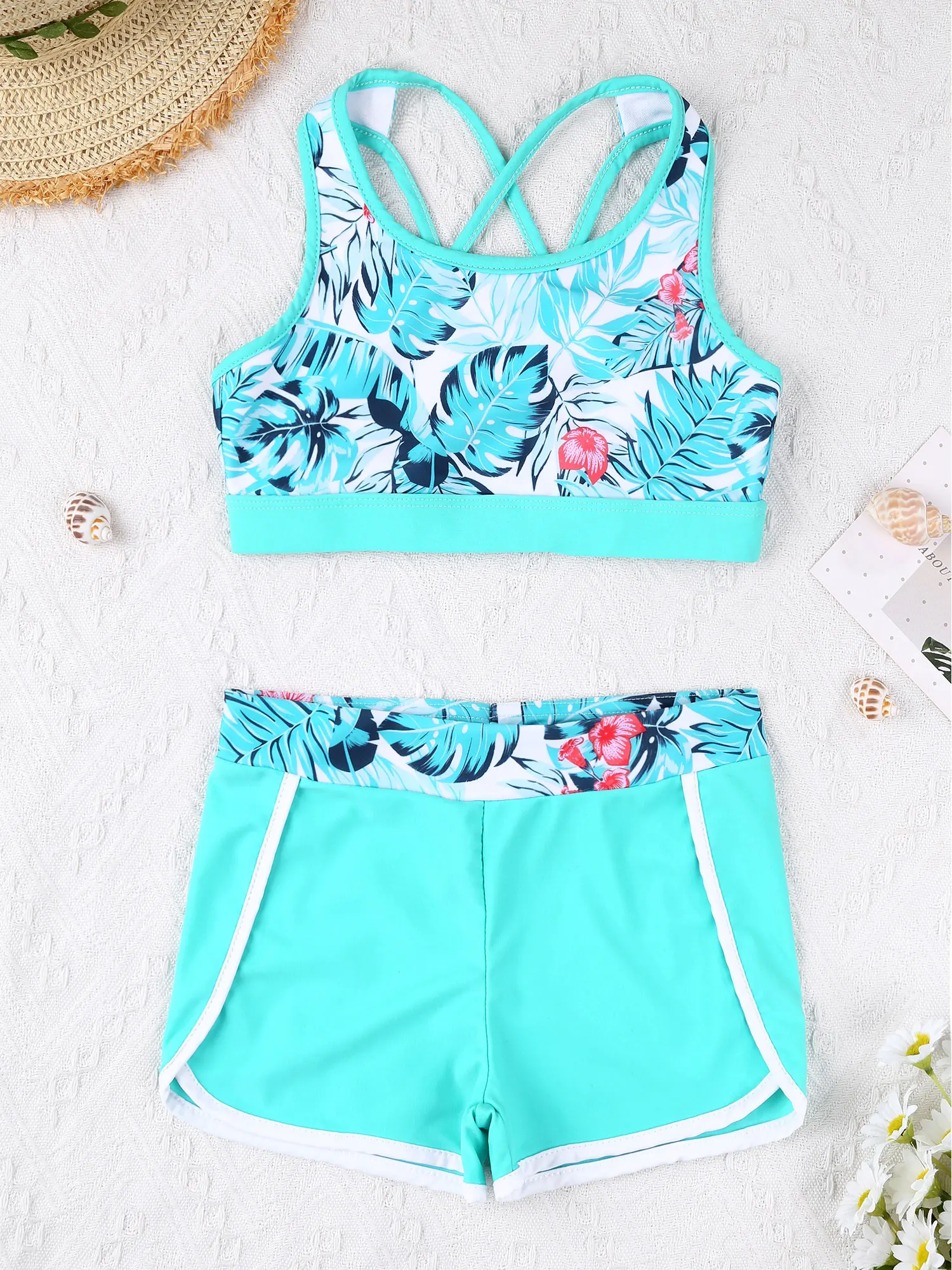 2Pcs Kids Girls Printed Swimsuit Outfit U Neck Strappy Back Crop Top with Boyshorts Shorts Bottoms Set Swimsuit Bathing Suit