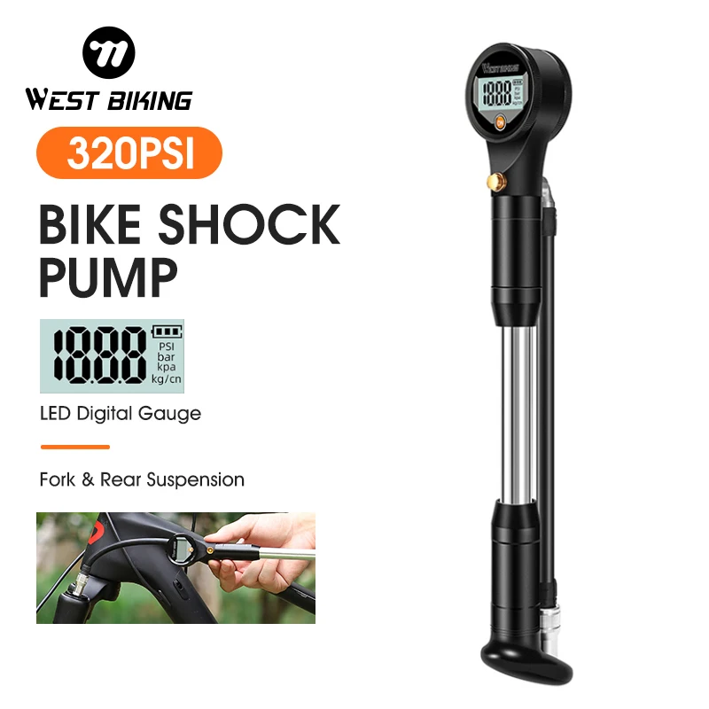 WEST BIKING 320psi High Pressure Bike Air Shock Pump With Digital Gauge For Fork & Rear Suspension Schrader Valve MTB Bicycle