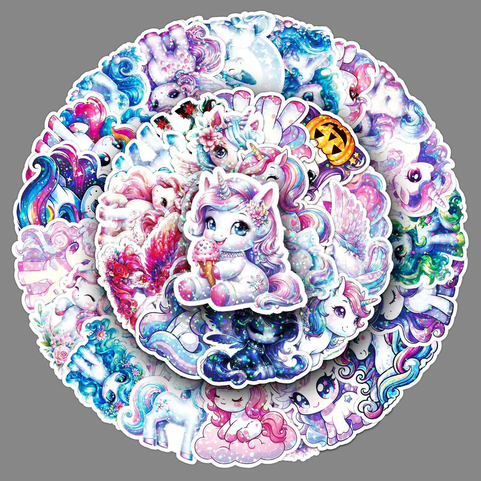 

50PCS Laser Style Cute Rainbow Unicorn Graffiti Sticker Personality Cool Creative DIY Stationery Box Water Cup Scrapbook Decal