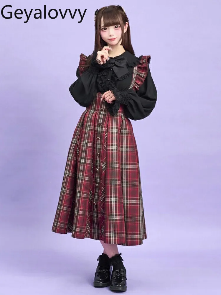 Herbst Neue Massenproduzierte College Stil Muster Flattern Ärmel Strap Midi Rock Süße Mädchen Hohe Taille Dünne Lange Hosenträger röcke