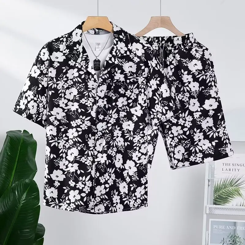Flowers Plants Ink Wash Painting 3D Print Comfortable Shirt +Shorts Two Piece Set Short Sleeve Flip Collar Shirts Half Pants