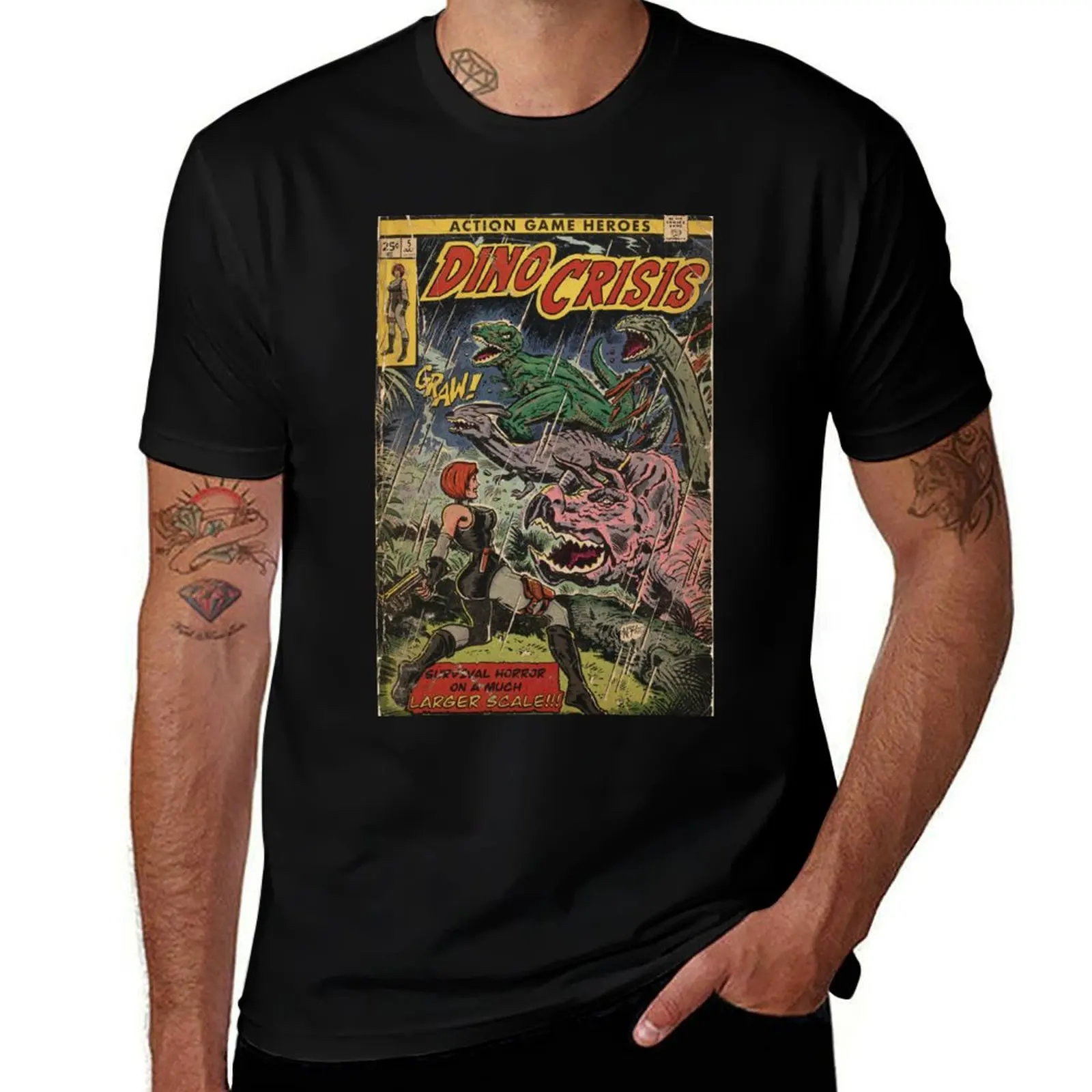 Dino Crisis comic cover fan art camiseta para fanáticos del deporte, camisa de compresión de archivo azul para hombres