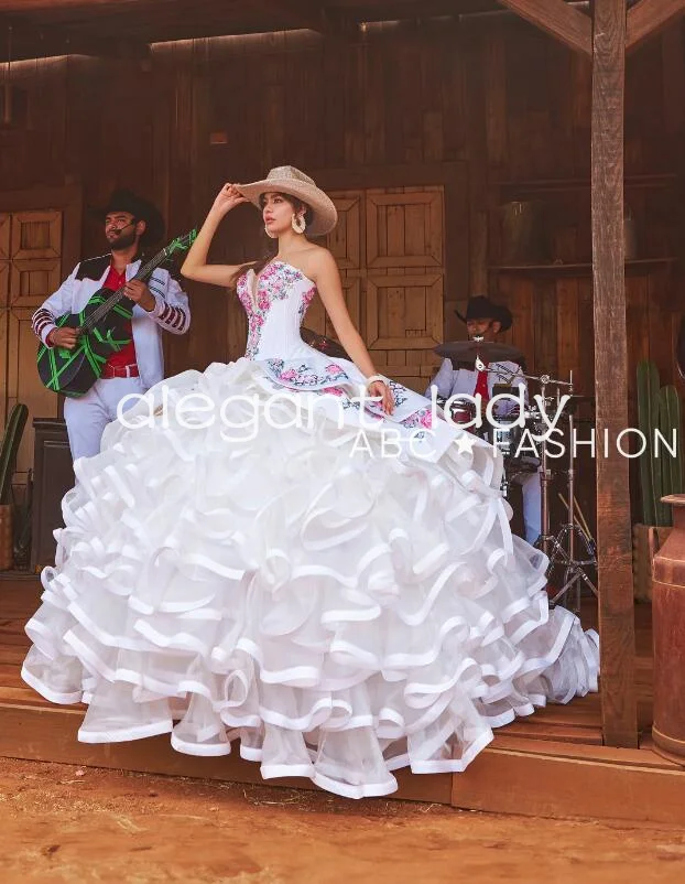 Белые платья принцессы в мексиканском стиле Charro Quinceanera, роскошные оборки, вышивка, аппликация, цветочный корсет, милое платье для выпускного вечера 15, наряд