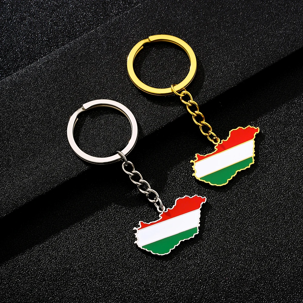 سلسلة مفاتيح جديدة من الفولاذ المقاوم للصدأ للأزواج، طراز عرقي، غراء بالتنقيط، خريطة المجر، العلم الوطني، زخرفة سلسلة المفاتيح #1