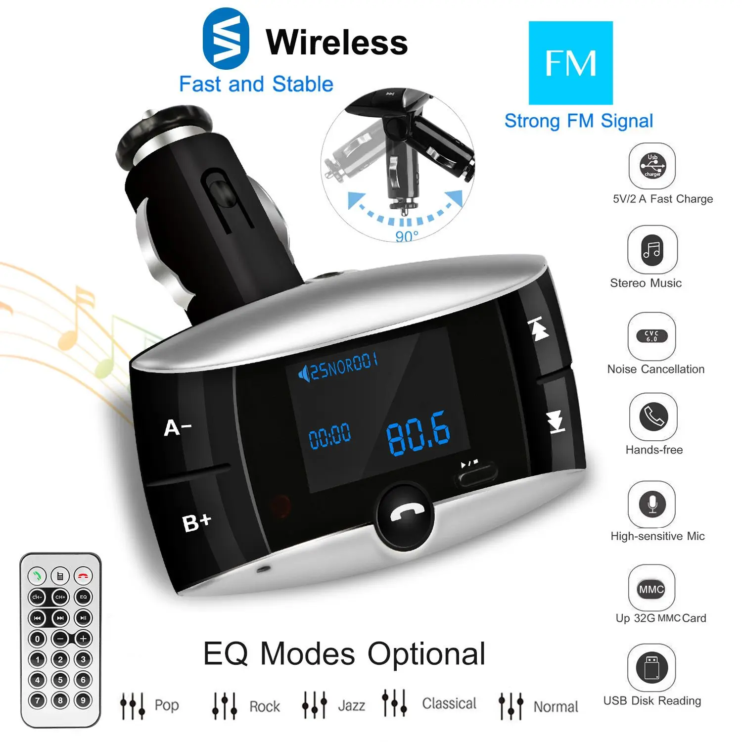 

Car Wireless FM Transmitter USB Charger Hands-free Call MP3 Player SD Card Reading Aux-in LED Display