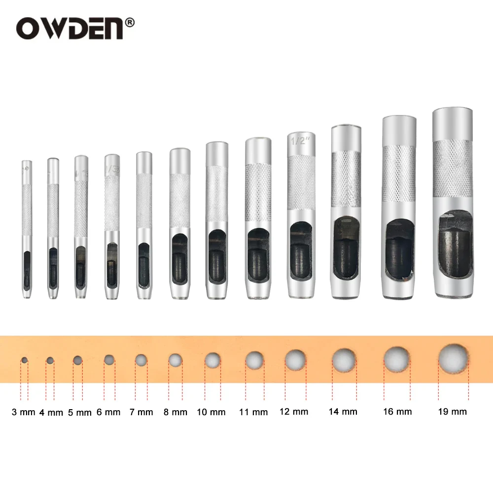 OWDEN 12 Pcs Leather Hole Punch Kit 3mm-19mm Round Steel Leather Craft Hollow Hole Punch Tool Set