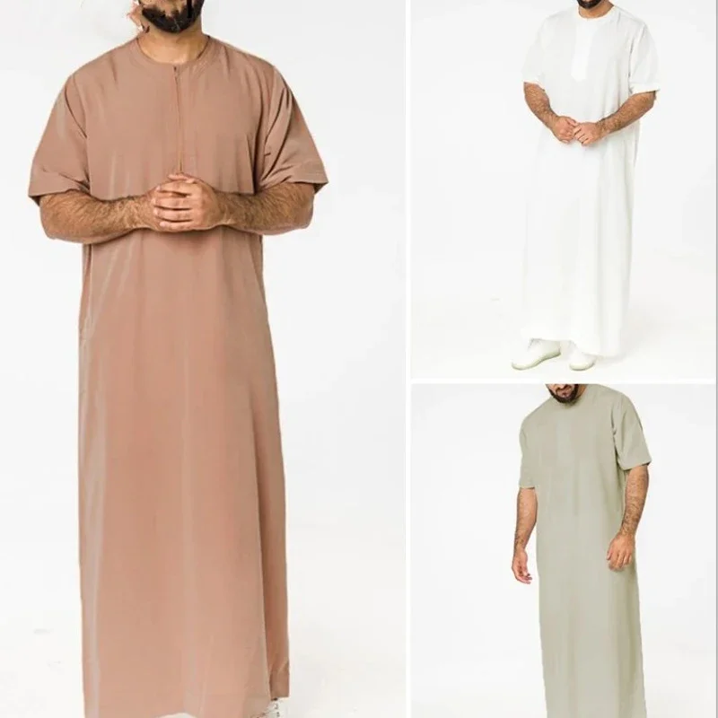 New Muslim men cotton robe man short sleeve solid color abaya Turkey Islamic Arabic qiamis Dubai casual Eid male clothing