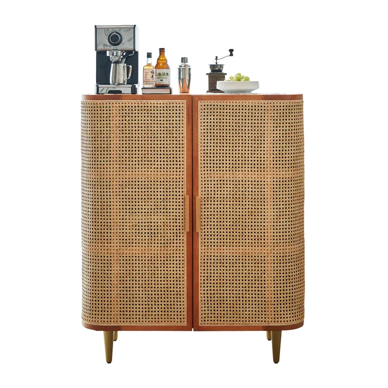 

Nordic solid wood dining side cabinet modern simple rattan integrated wall rack
