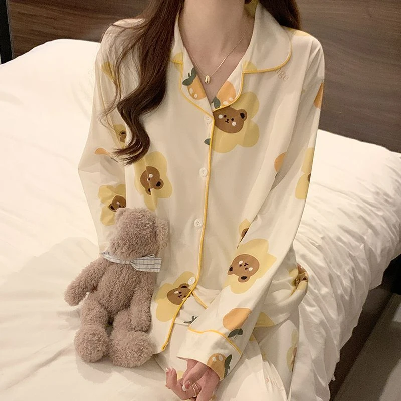 Spring Autumn Cardigan Long-Sleeved Sleepwear Two-Piece Set 2024 Cute Cartoon Student Homewear Suit Women's Casual Loose Pajamas