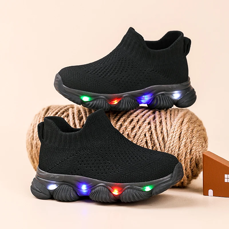 Toddler LED Light Sneakers Soft Spring Knit Slip on Shoes Black White Lightweight Comfortable Walking Shoes for Boys Girls