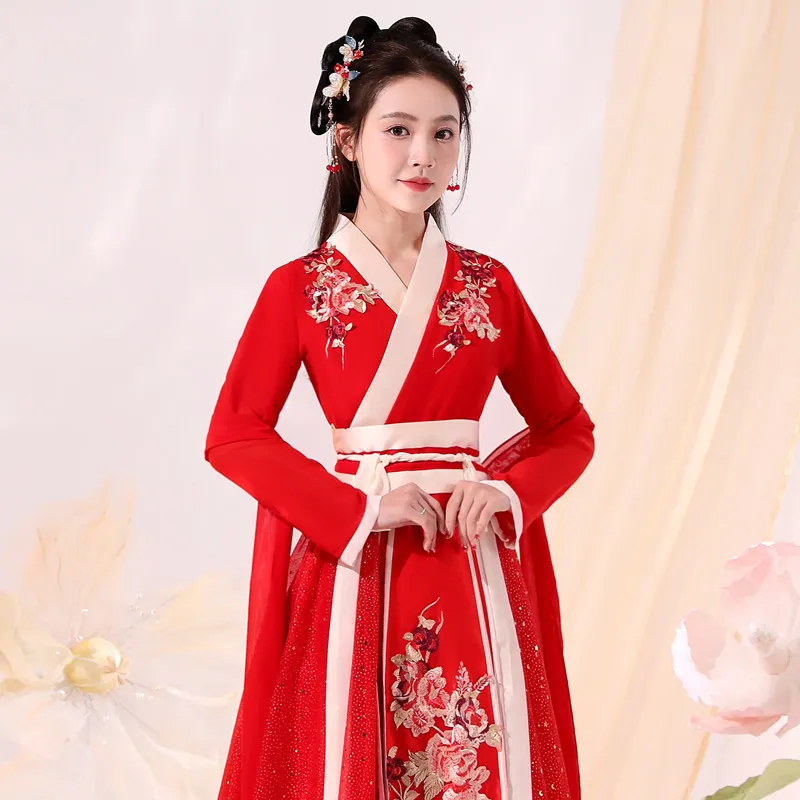 Red Hanfu modified ancient costume Chinese style performance dress midthigh length blouse and skirt Hanfu, classical dance dress