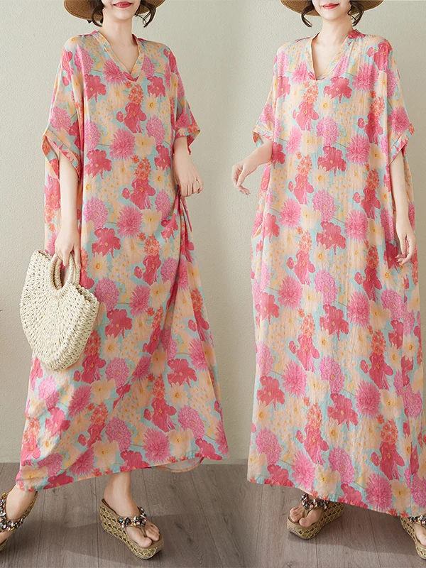 レトロなコットンリネンロングドレス、Vネック、花柄プリント、夏の旅行、カジュアル、ゆったりとしたウエスト、オルトスヴェ、Hシェイプ、Aラインドレス