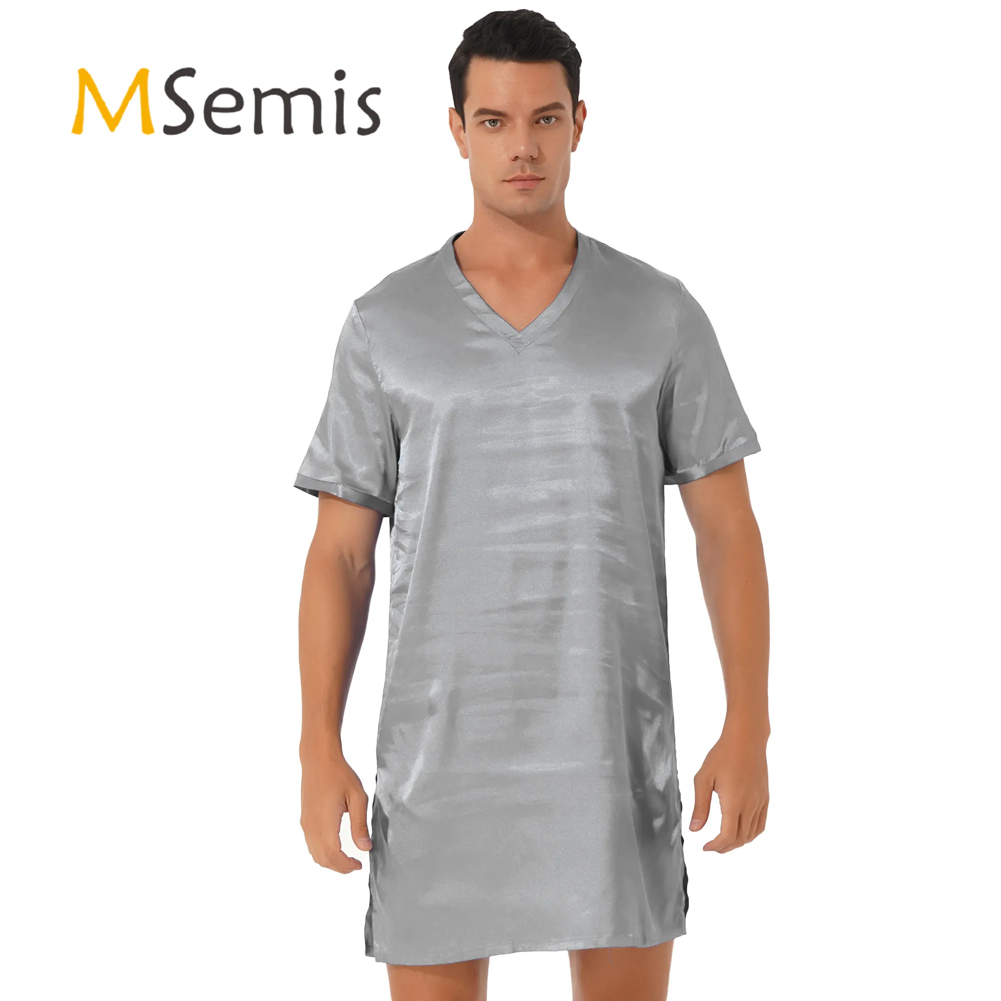 Mens Womens Satin Nightgown V Neck Short Sleeve Sleepwear Nightclothes Homewear Sides Split Nightwear