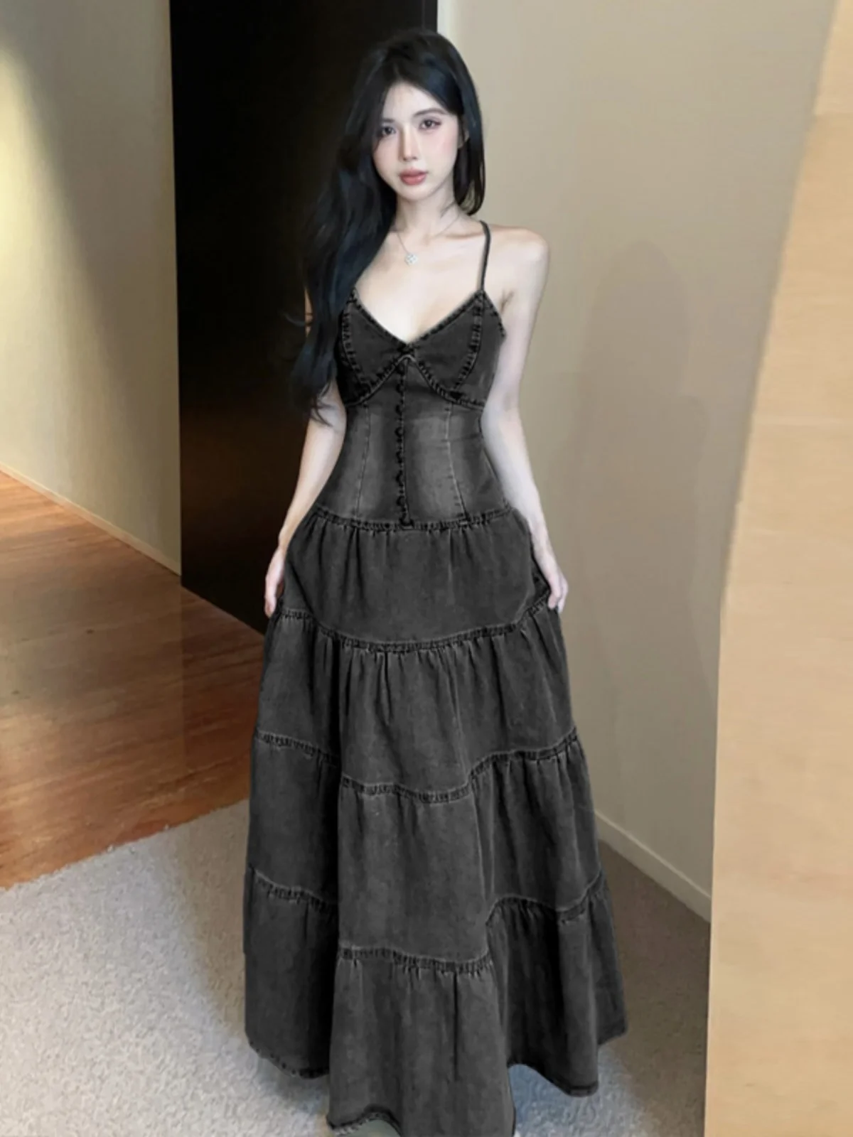 

American Sle Sweet Retro Denim Strap Long Dr Bal Waist Cinching Slimming Belted Single Button Full Skirted Dr