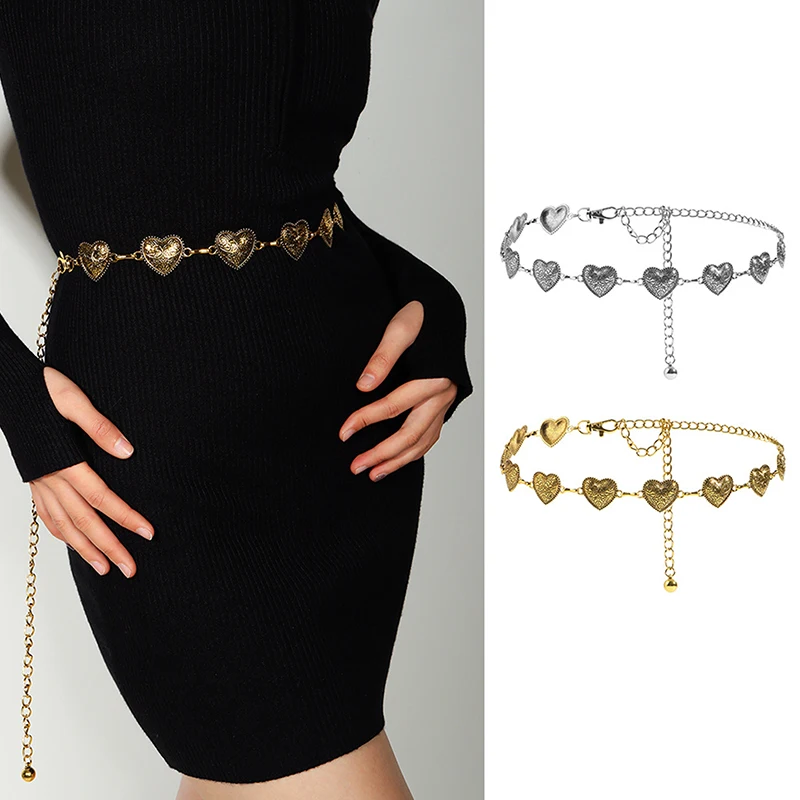 Vintage Gold Chain Belt Female Heart Metal Ladies Waist Punk Goth Belts For Women Thin Waistband Pant Accessory