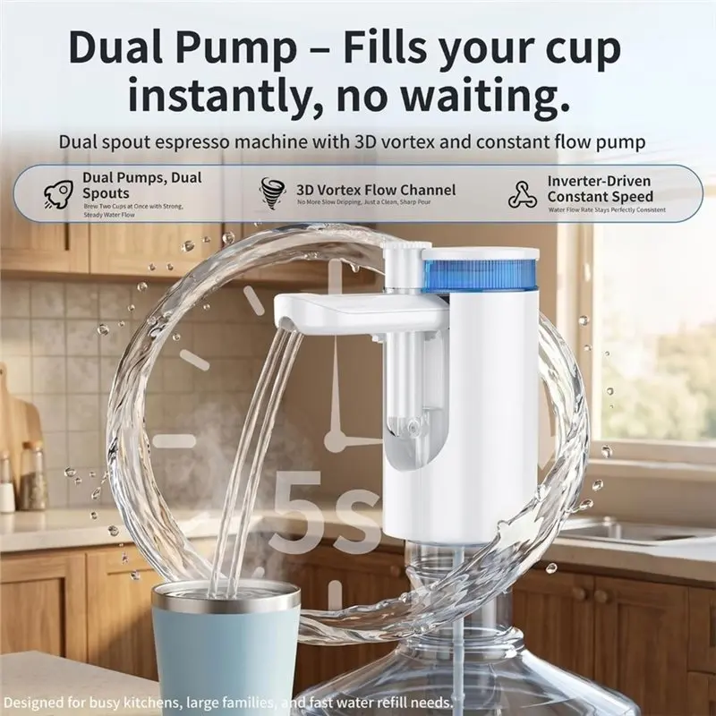 ABXF-Dual-Pump 5-Second Fast Flow Water Jug Pump, Rechargeable Portable For 2/3/5-Gallon Jugs, 45° Splash-Free Spout