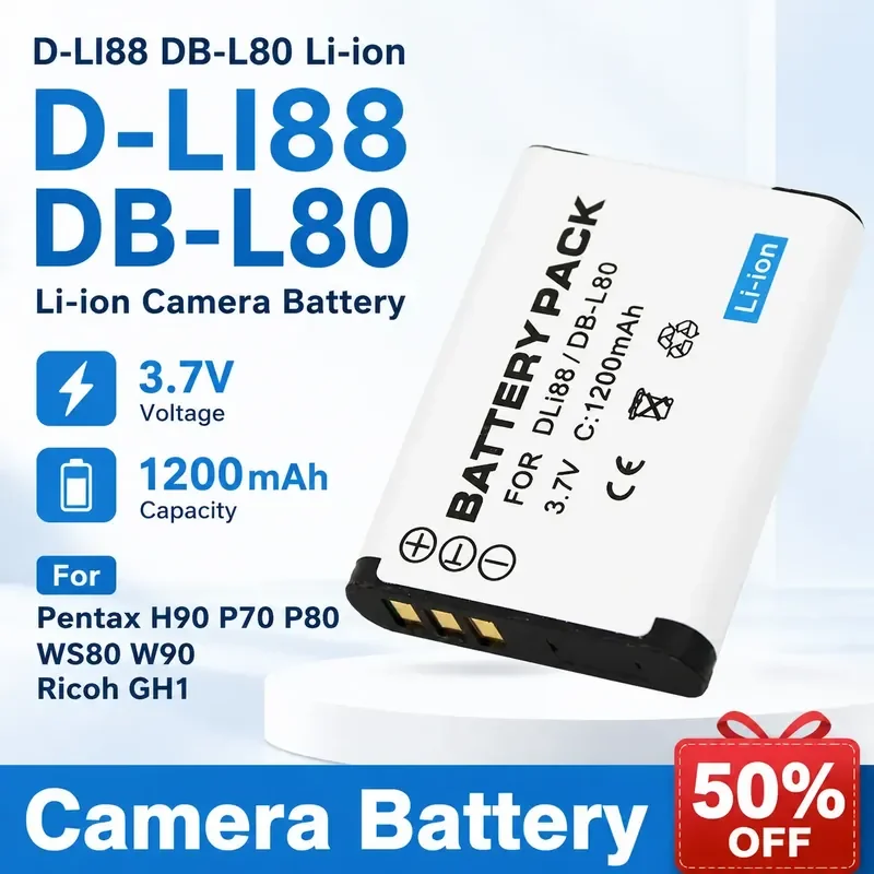 

D-LI88 DB-L80 Li-ion Camera Battery 3.7V 1200mAh for Pentax H90 P70 P80 WS80 W90 for Ricoh GH1 Rechargeable Digital Batteries