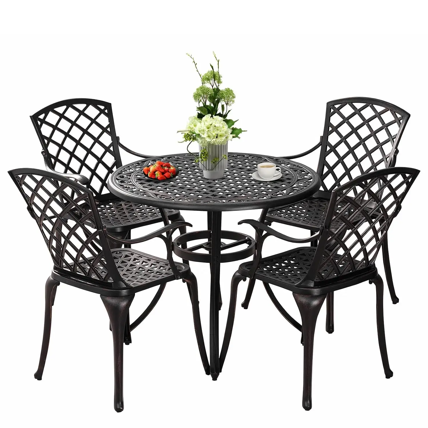 5-Piece Outdoor Bistro Dining Set, Anti-Rust Cast Aluminum Patio Table & 4 Chairs with Umbrella Hole for Garden Deck, Customized