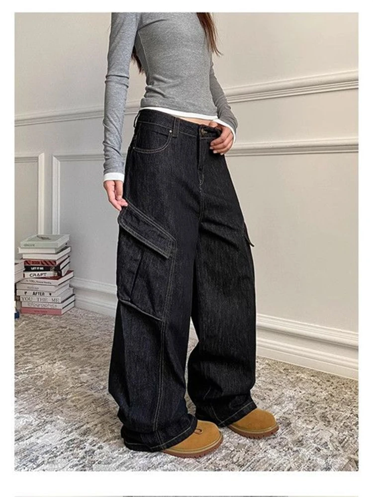 Women's Loose Wide Leg Large Pockets Jeans Cool Girl High Waisted Streetwear Fashion Pants Female Casual Denim Trouser