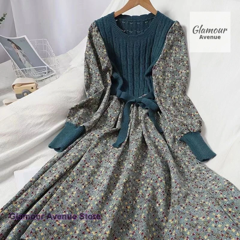 Falda larga de punto ajustada con tirantes de costura de estilo coreano para mujer, vestido floral informal de pana Joker a la moda para otoño e invierno