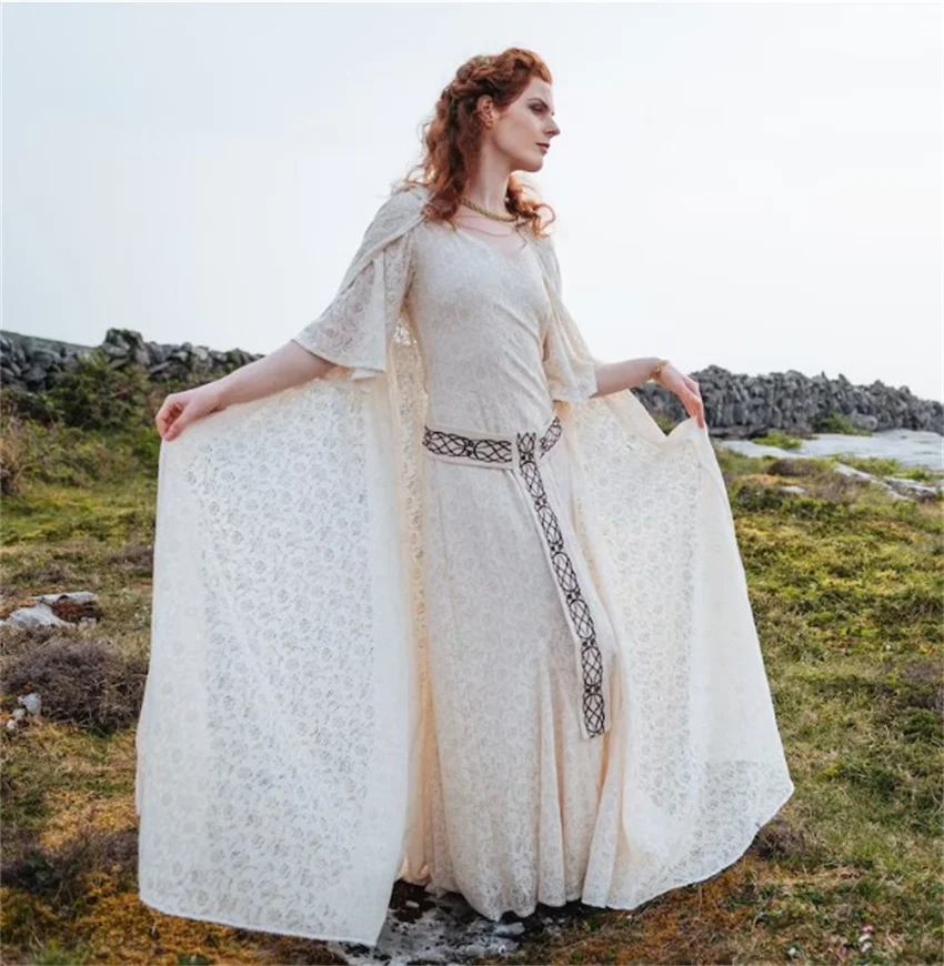 Vestido de novia celta de encaje Medieval para mujer, disfraz de Cosplay de Pixie Retro con capucha, princesa victoriana, bata elegante con capa