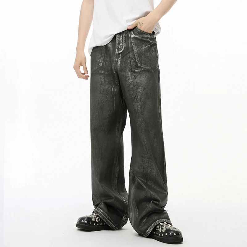 IEFB High Street Men's Denim Pants Glossy Washed Worn-out Trousers Loose Straight Wide Leg Male Jeans Personality Menwear 9C7211