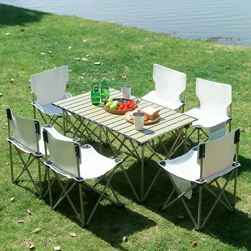 Folding Camping Table Chair Set Nature Hike Ultralight Portable Stainless Steel Outdoor Tableware Glamping Multifunctional