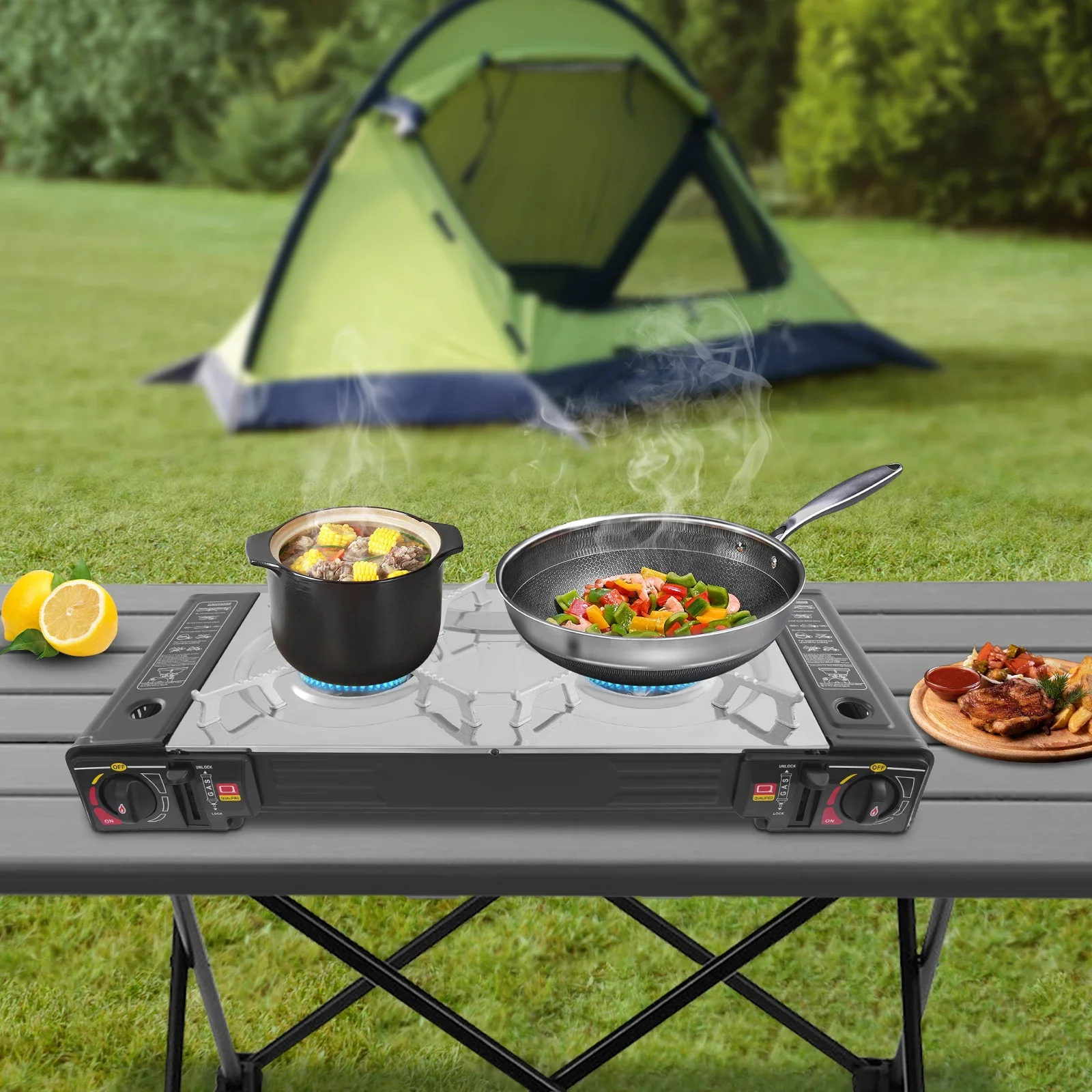 

Double-burner Gas Grill Outdoor Portable Camping Stove Two Control Knobs,Automatically Piezoelectric Ignition