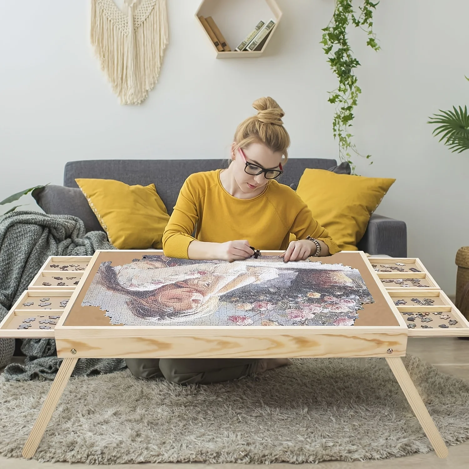 Folding Puzzle Table,Wooden Puzzle Table with 4 Drawers and 16 Compartments,Portable Learning Board for Storage and Organization