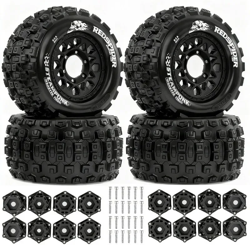 4개 128mm 1/10 몬스터 스턴트 트럭 일반 타이어 12mm 및 14mm 헥스 TRXS MAXX ARRMA Granite KRATON Outcast Tamiya Losi Red용