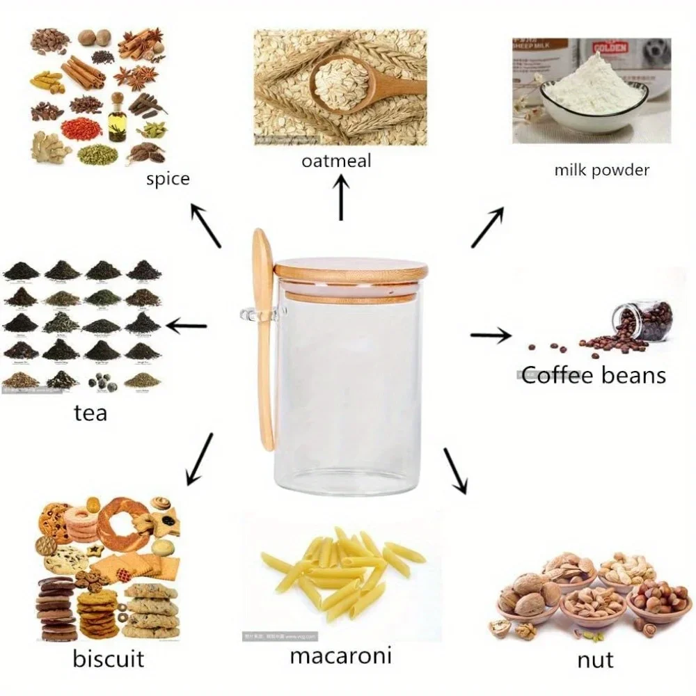 Ensemble de Figurines en Verre avec Couvercle en Bambou et Cuillère, Récipient à Bonbons à Café de 17OZ, Farine d'Avoine pour la Nuit, Vieux Thé en Vrac et Yaourt, 6 Pièces