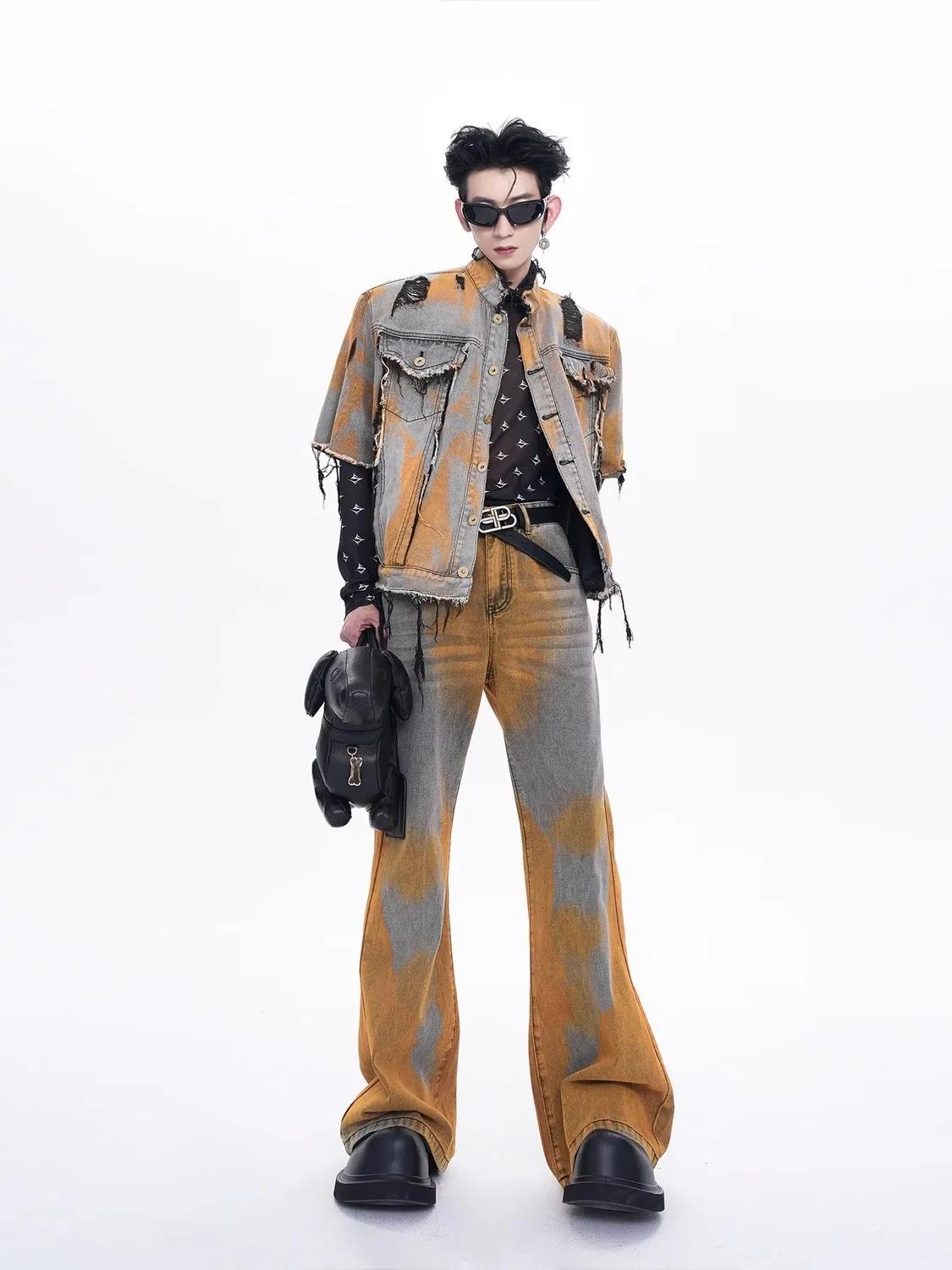 

American Retro Yellow Clay Color Men's ort Sve Denim irt Loose Wide Leg Jeans Summer High Street Sle Casual Sport Suit